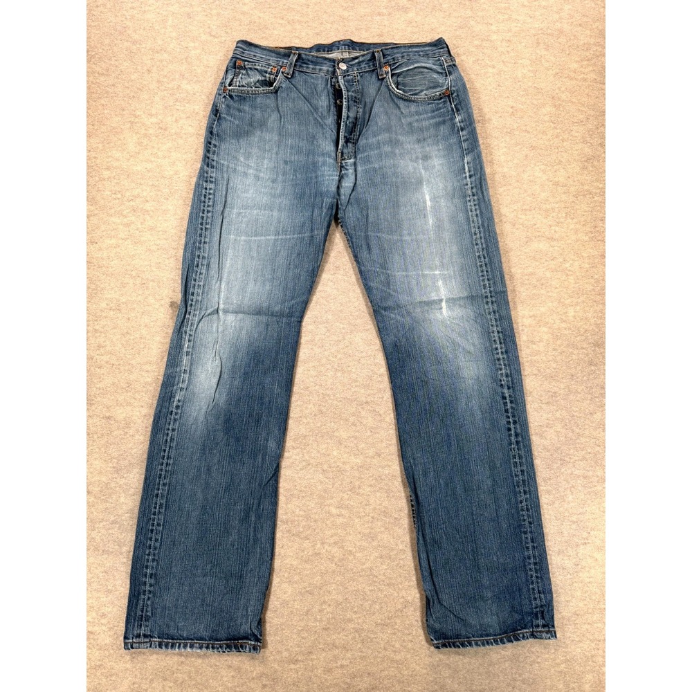 Levis 501 Straight Leg Jeans Mens 36x36 Blue Whiskering Denim Cotton Everyday
